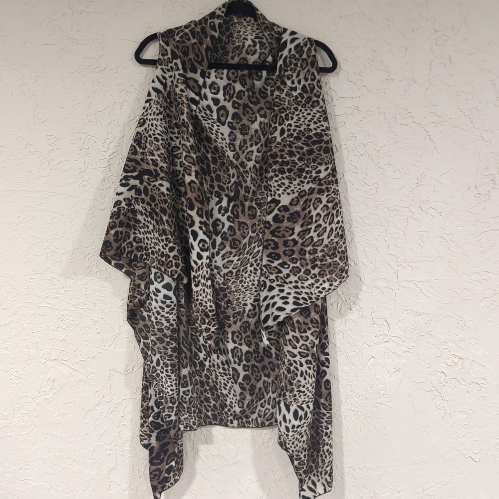 Roffe Brown Leopard Print Sheer Lightweight Vest Shawl Oversized - One Size